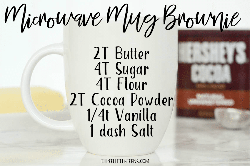 A quick and easy mug brownie recipe with no eggs! Full recipe at threelittleferns.com #recipe #mugrecipes #mugbrownie