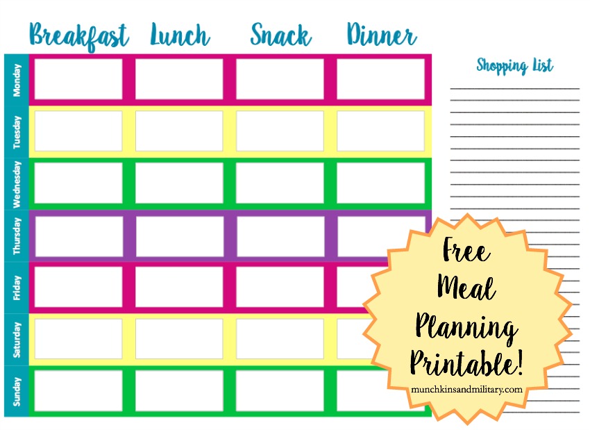 FREE meal planning printable! Use to plan your meals out for the week. Shopping list included!