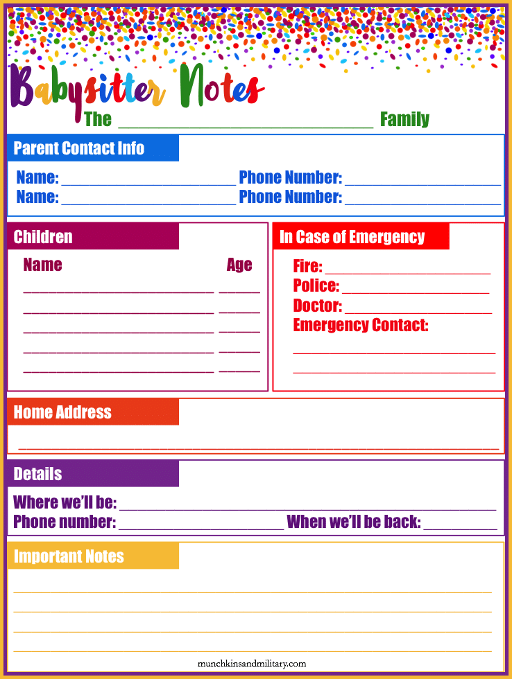 Blank printable information sheet for notes to give to the babysitter!