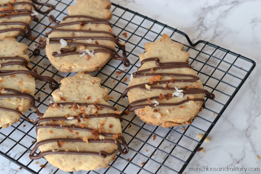 Chocolate drizzled over coconut shortbread cookies