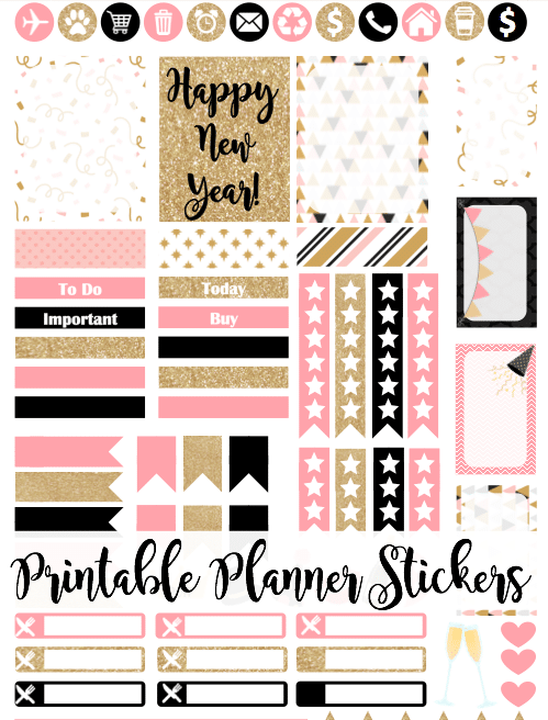 Pink & gold glitter planner stickers for New Years 
