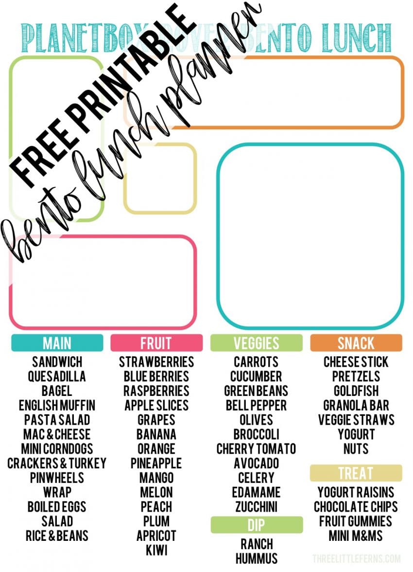Free printable bento lunch planner for the the PlanetBox Rover - Pack a complete and healthy meal with the help of this sheet! Perfect for teaching children to pack their own lunch! #planetbox #planetboxrover #bentolunch 