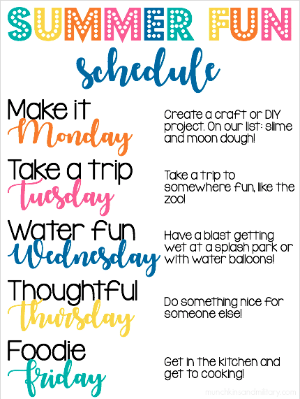 Summer schedule with fun ideas to fill the week during summer break! 