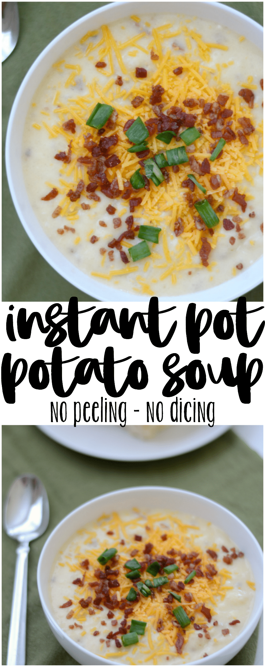 This delicious Instant Pot potato soup recipe uses frozen hash brown potatoes to make it super easy to make!