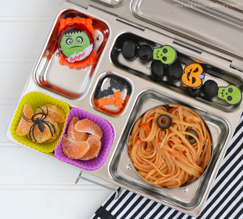 Spooky bento box lunch idea - spooky spaghetti, olives, oranges, and cheese in a Planet Box 