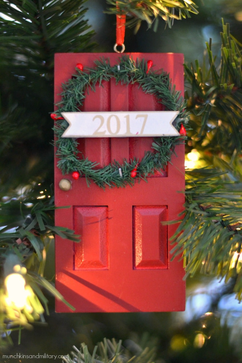 Red door with 2017 wreath Christmas tree ornament from Target