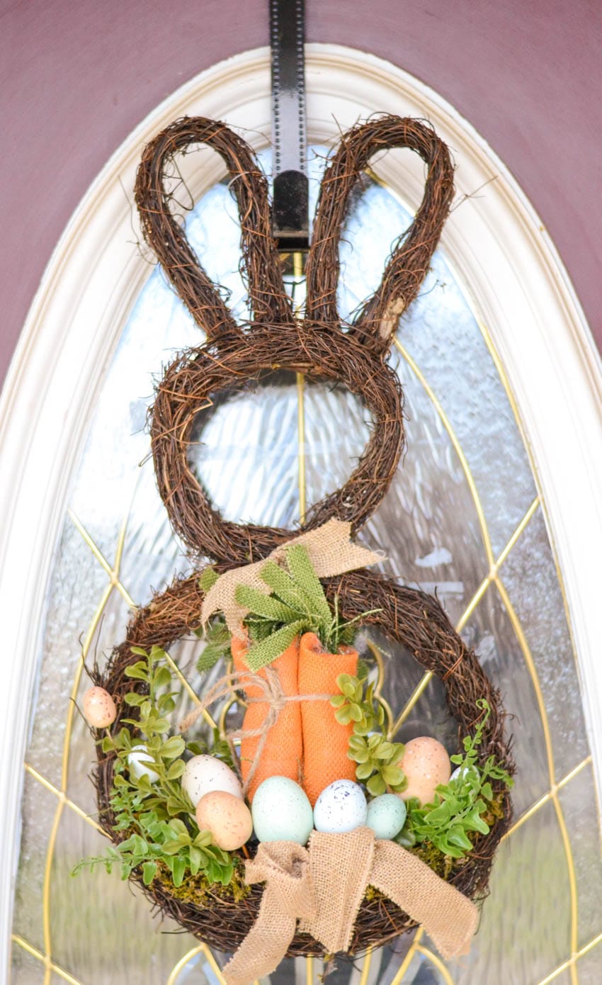 Rustic Easter bunny wreath with burlap carrots and easter eggs