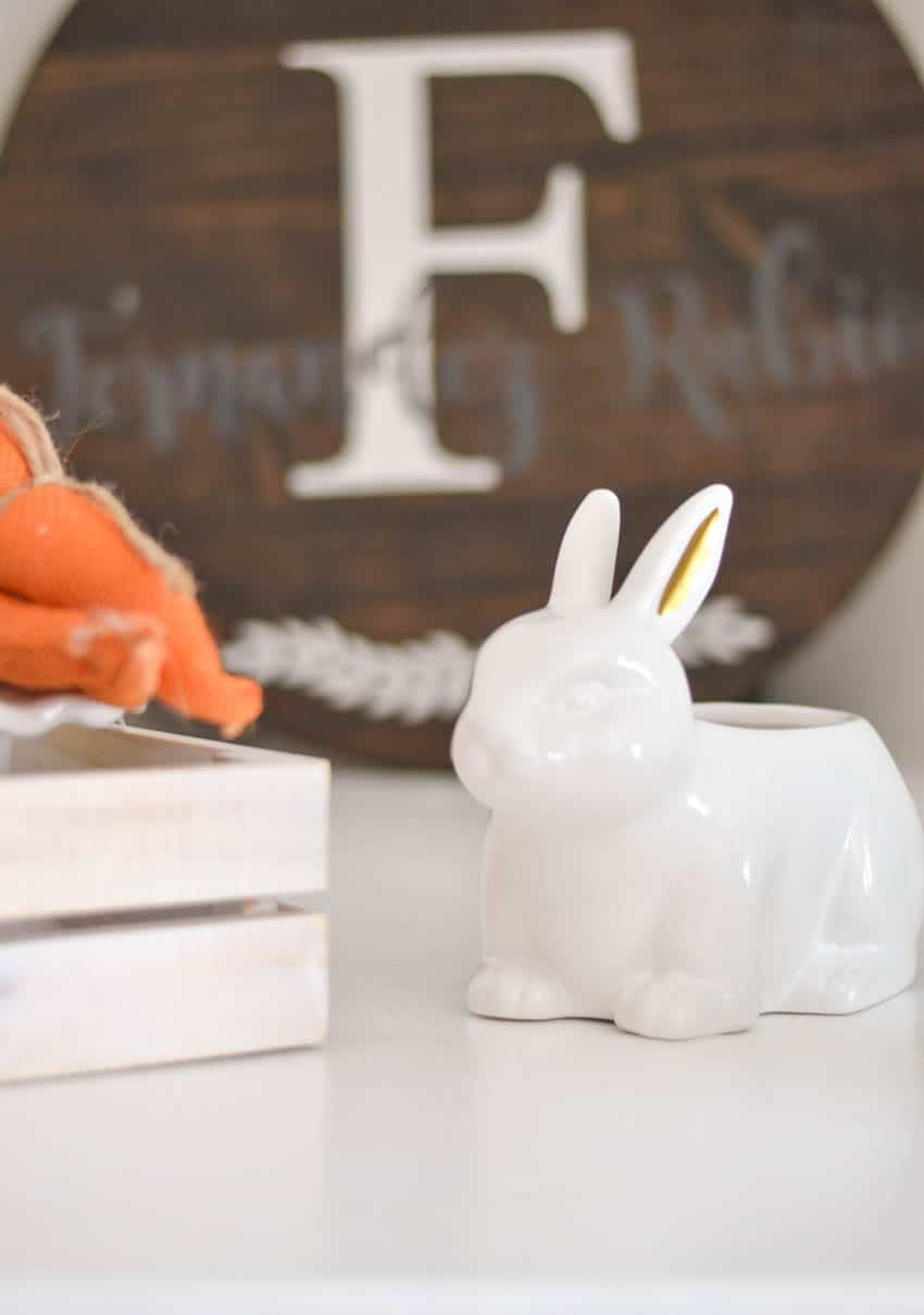Easter/Sping decor - ceramic bunnies and burlap carrots