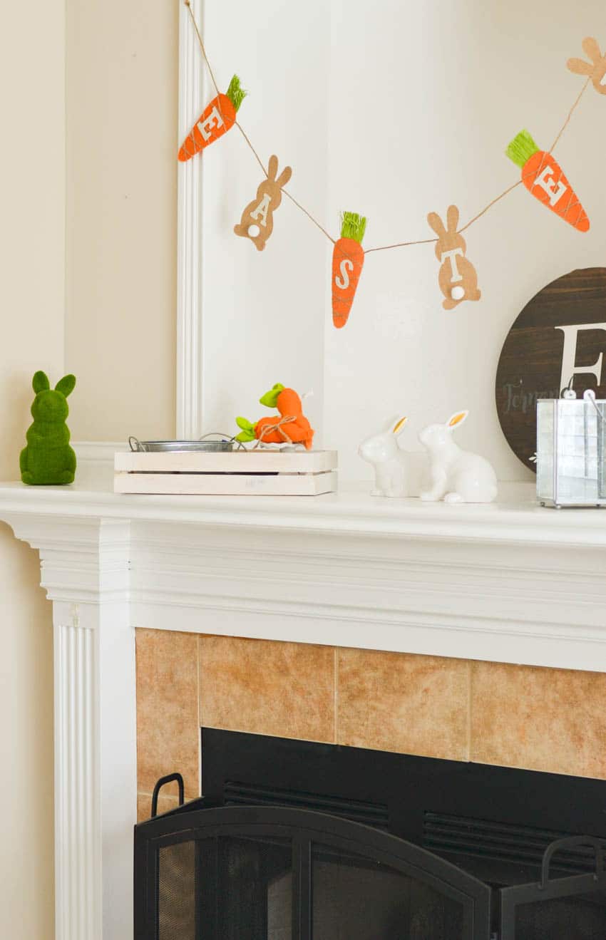 Easter bunny and carrot banner on white mantle - Easter decor