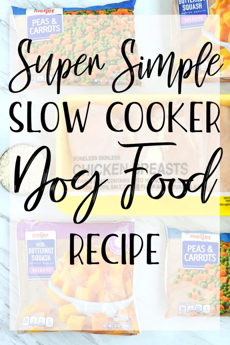 Super simple slow cooker dog food recipe made with chicken, rice, and frozen vegetables. It doesn't get any easier than that! #recipe