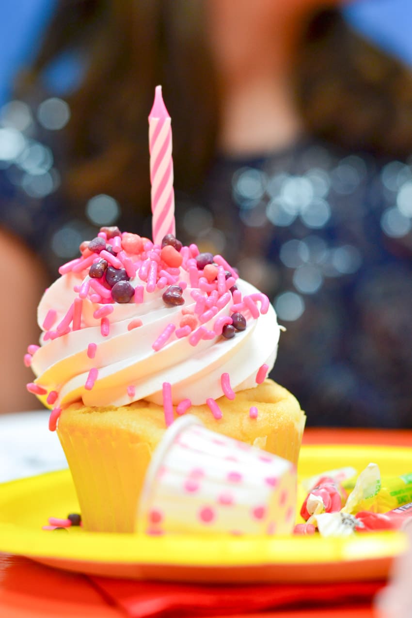 Birthday cupcake with pink candle and sprinkles