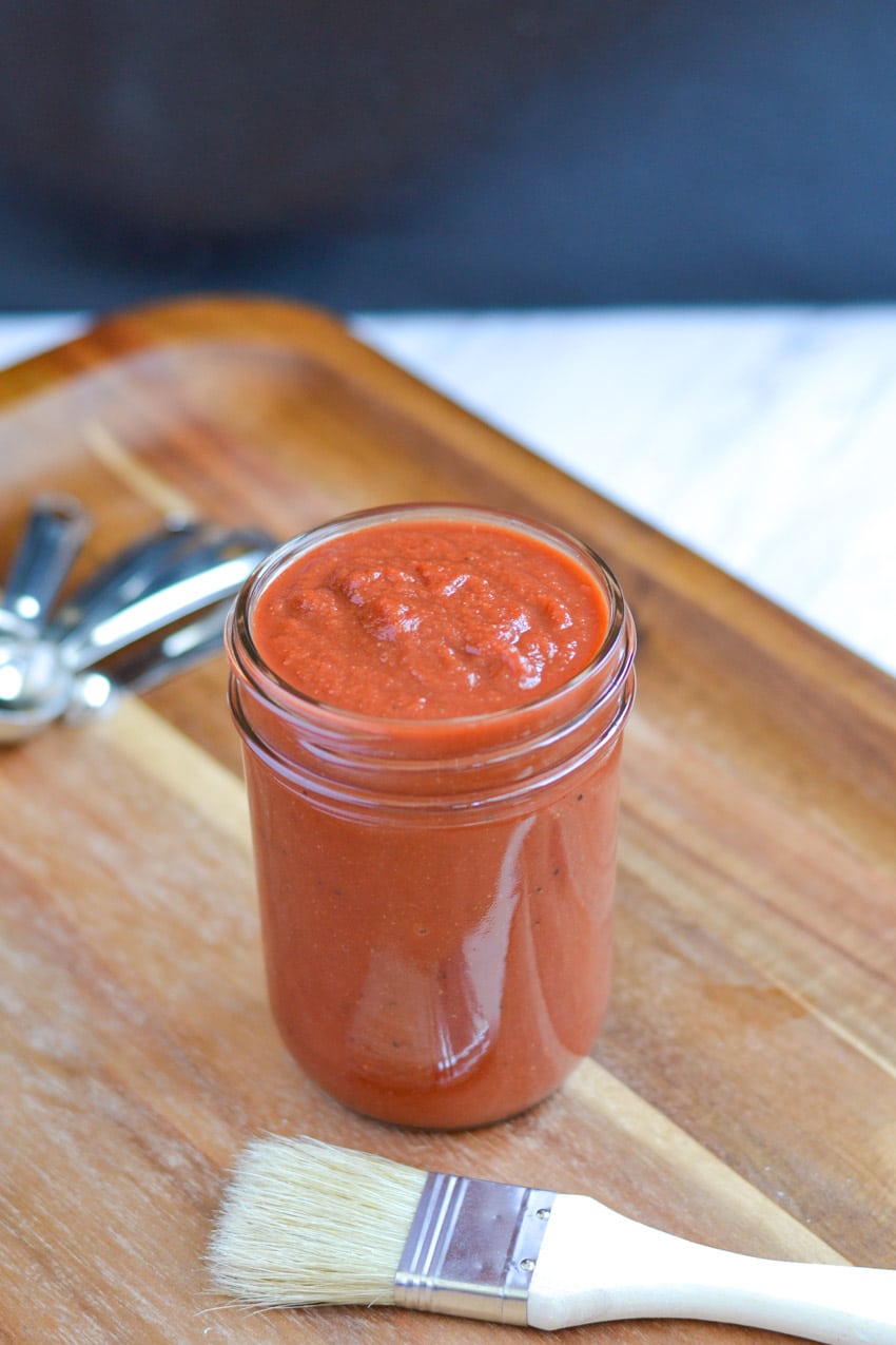 Homemade guava bbq sauce in a mason jar. Perfect for grilling ribs!