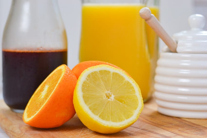 Milkman delivery! Orange juice, produce, and honey - ingredients to create Morning Sunrise orange and beet juice drink