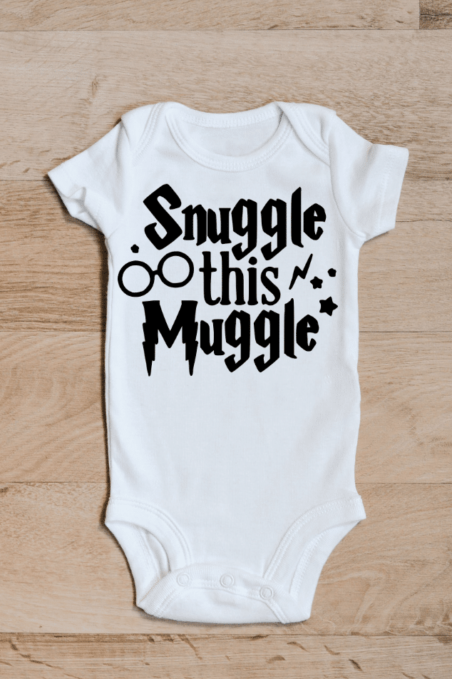 Final screen shot of " Snuggle this Muggle" onesie mockup created in Cricut Design Space