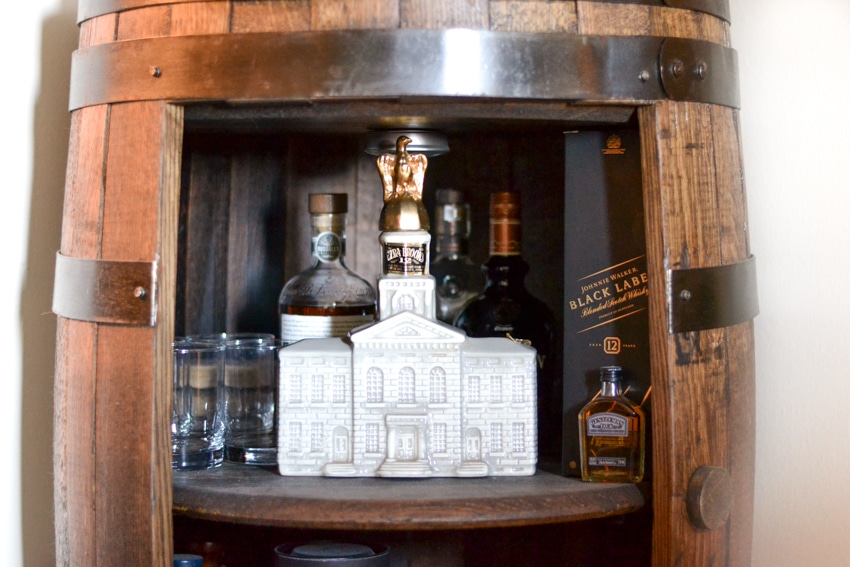 Ezra Brooks/Jim Beam vintage bourbon decanter in barrel bar