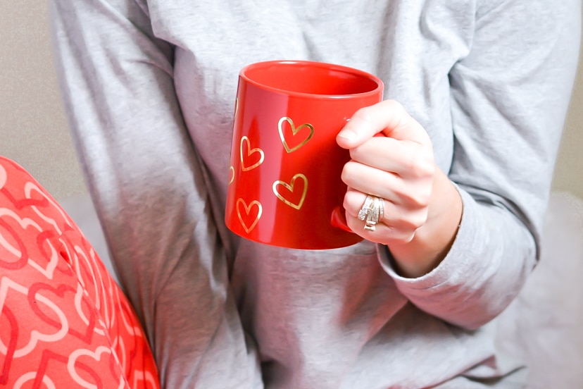 Red mug with gold foil hearts