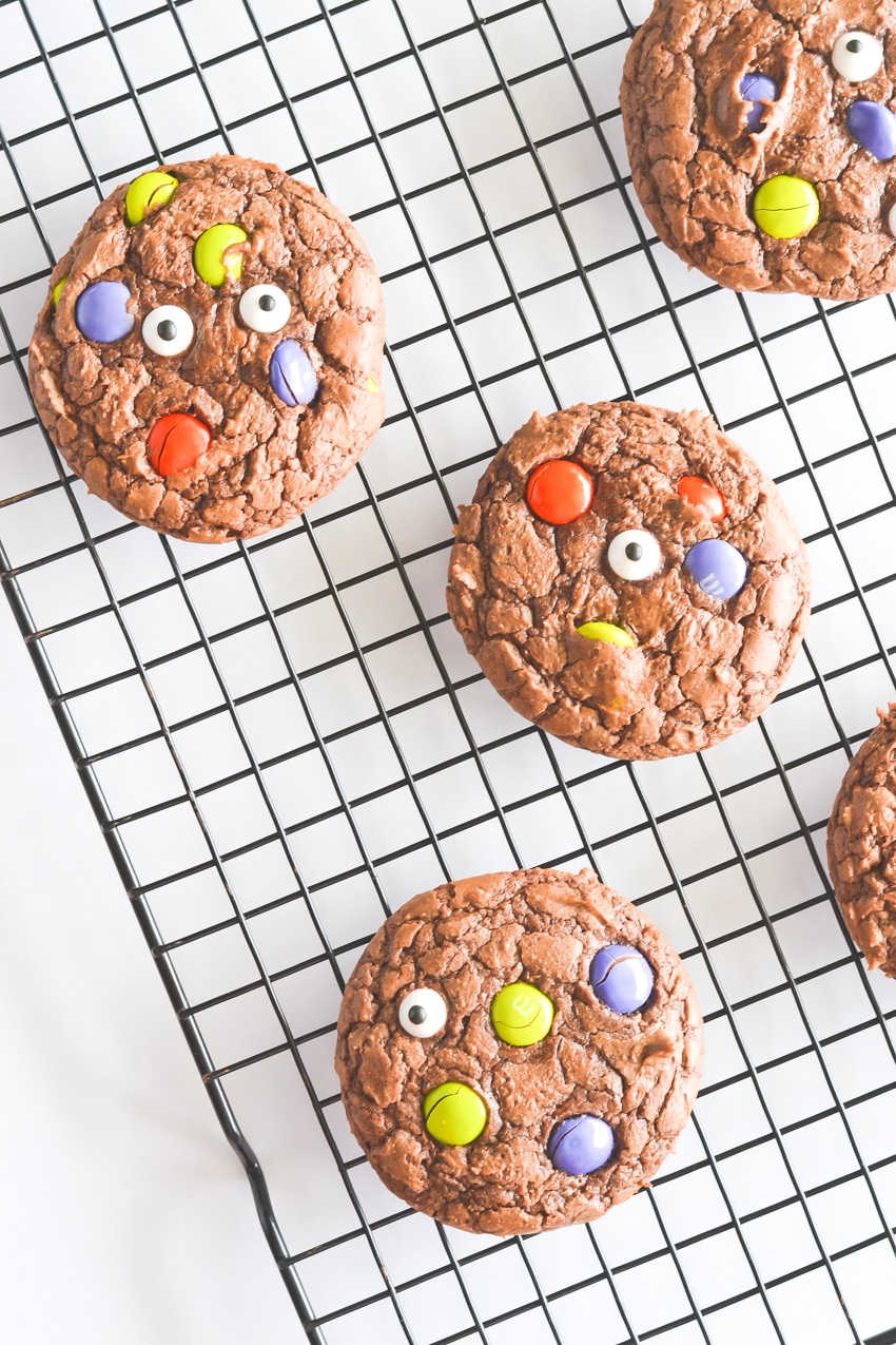 Chocolate brownie cookies (brookies) with M&M and candy eyeballs