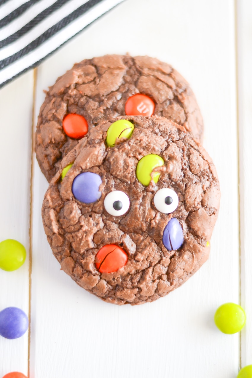 Chocolate brownie mix cookies with halloween M&M and candy eye balls