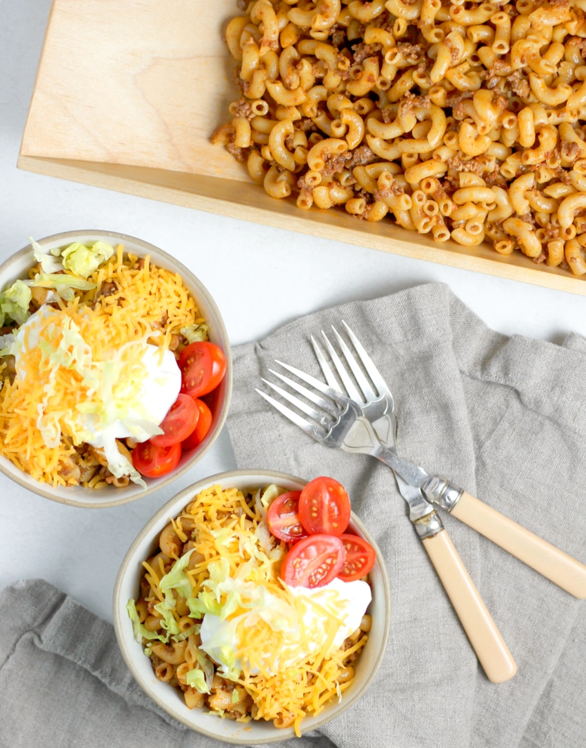 Bowls of cooked Instant Pot Taco Macaroni