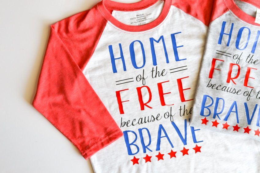 Home of the free because of the brave grey tshirt with red sleeves