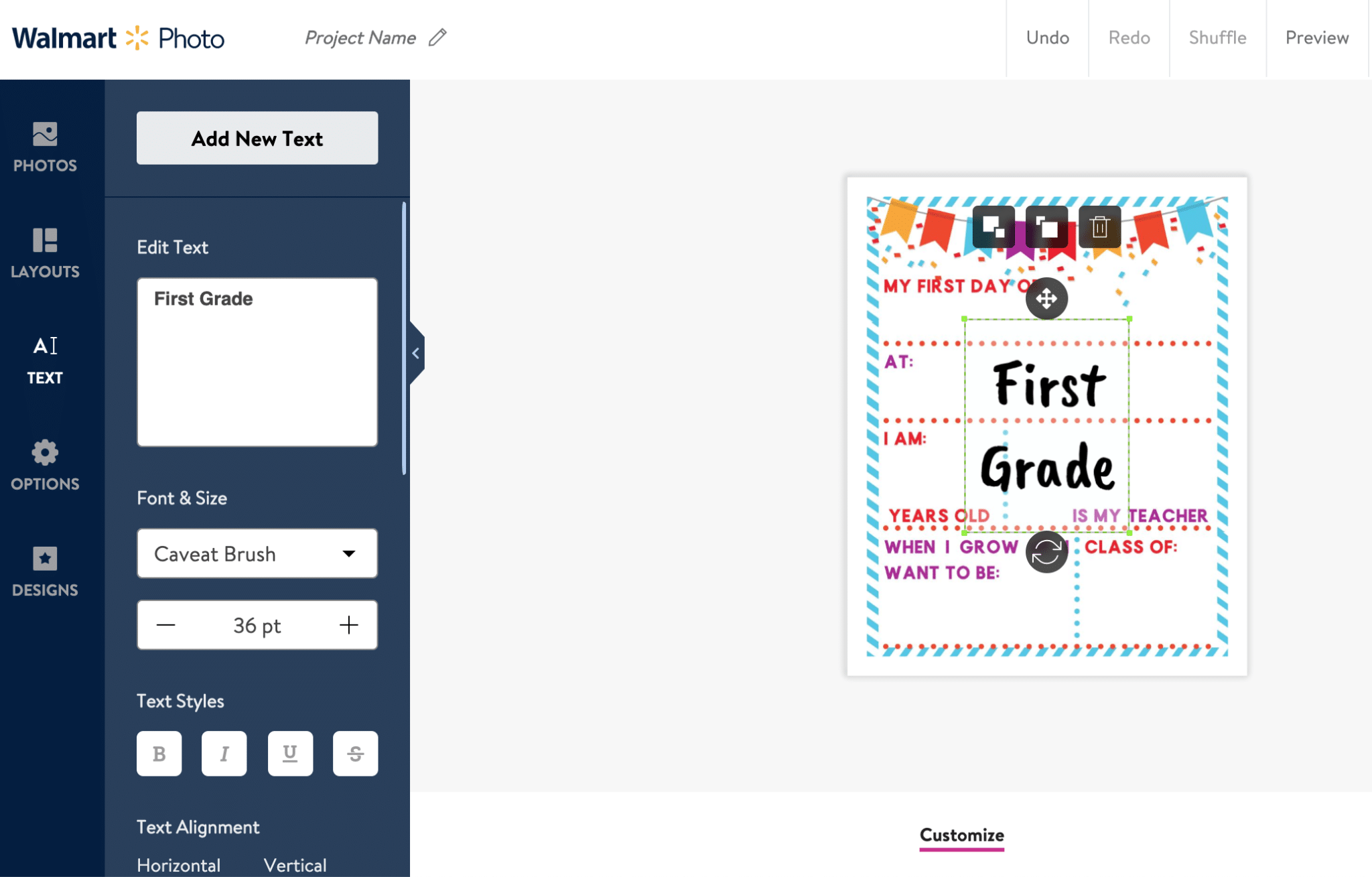 Screenshot of Walmart Photo website - customizing a back to school board print