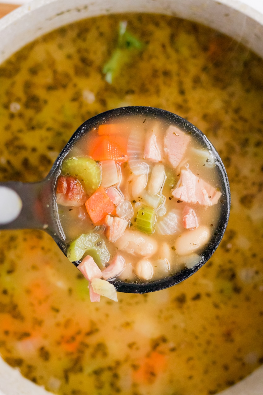 Scoop of ham and bean soup showing all ingredients (diced ham, white beans, carrots, celery, and onion)