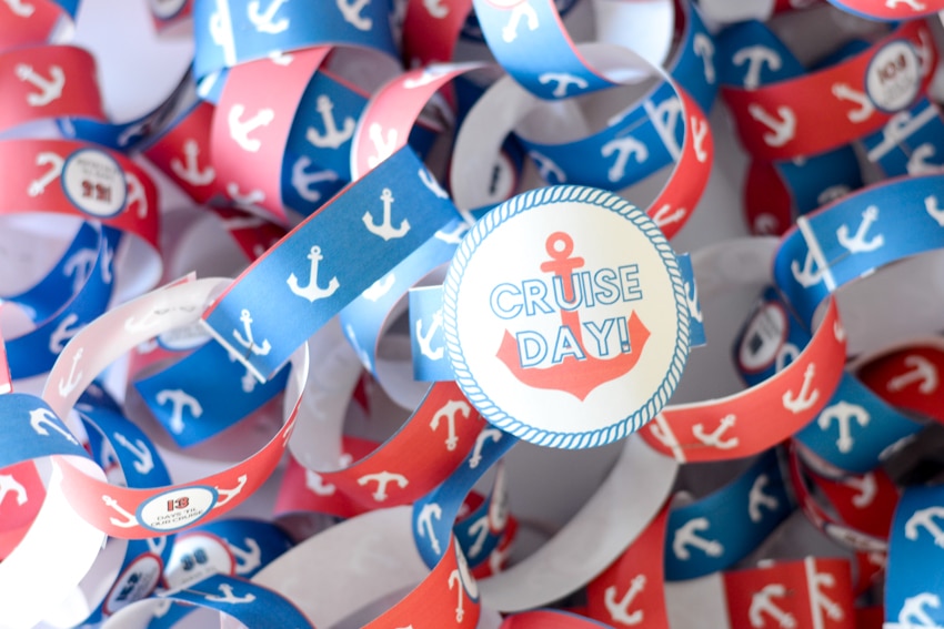 Red and Blue paper chain cruise countdown in a pile