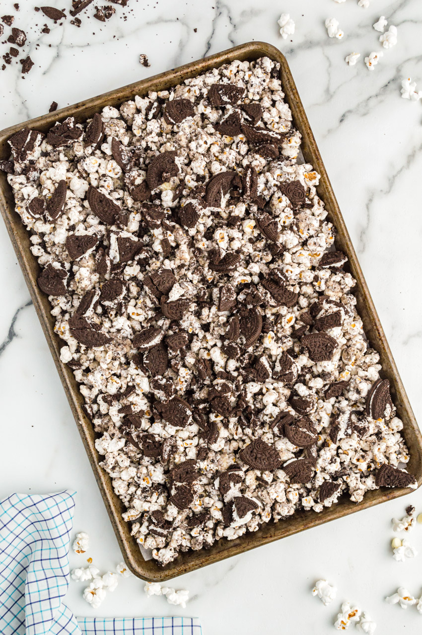 Baking sheet filled with oreo popcorn