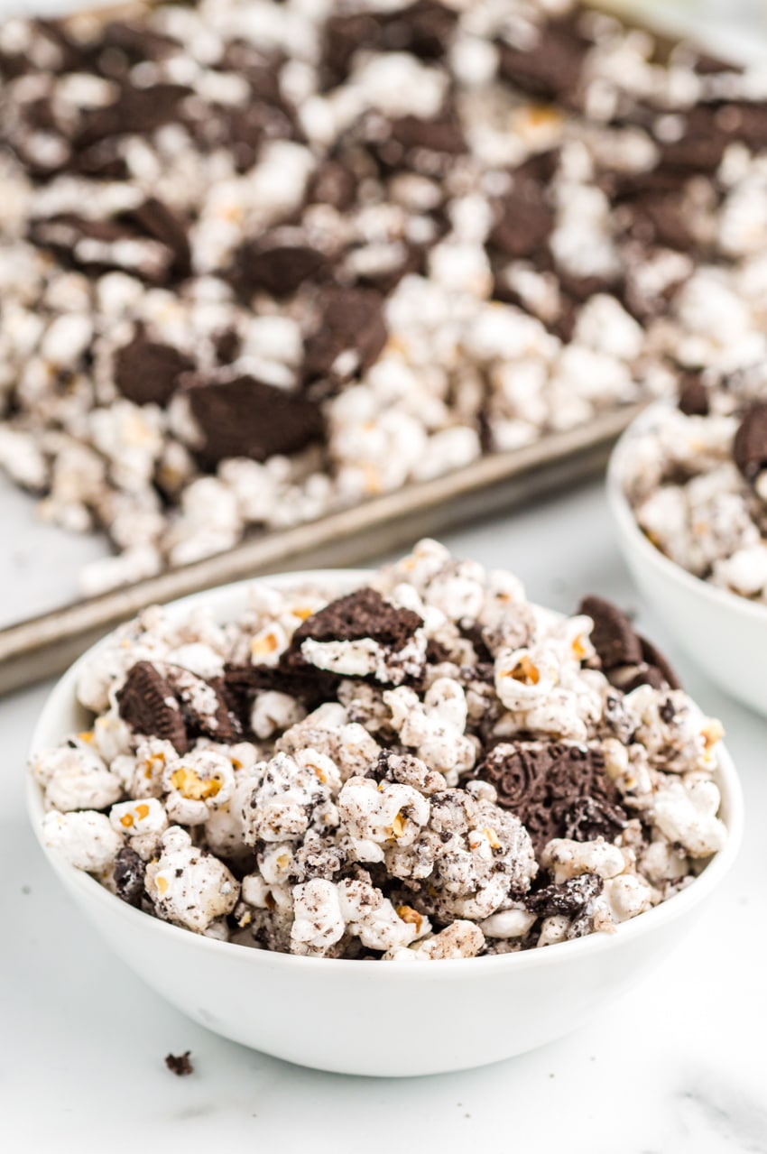 Oreo popcorn close up in a white bowl