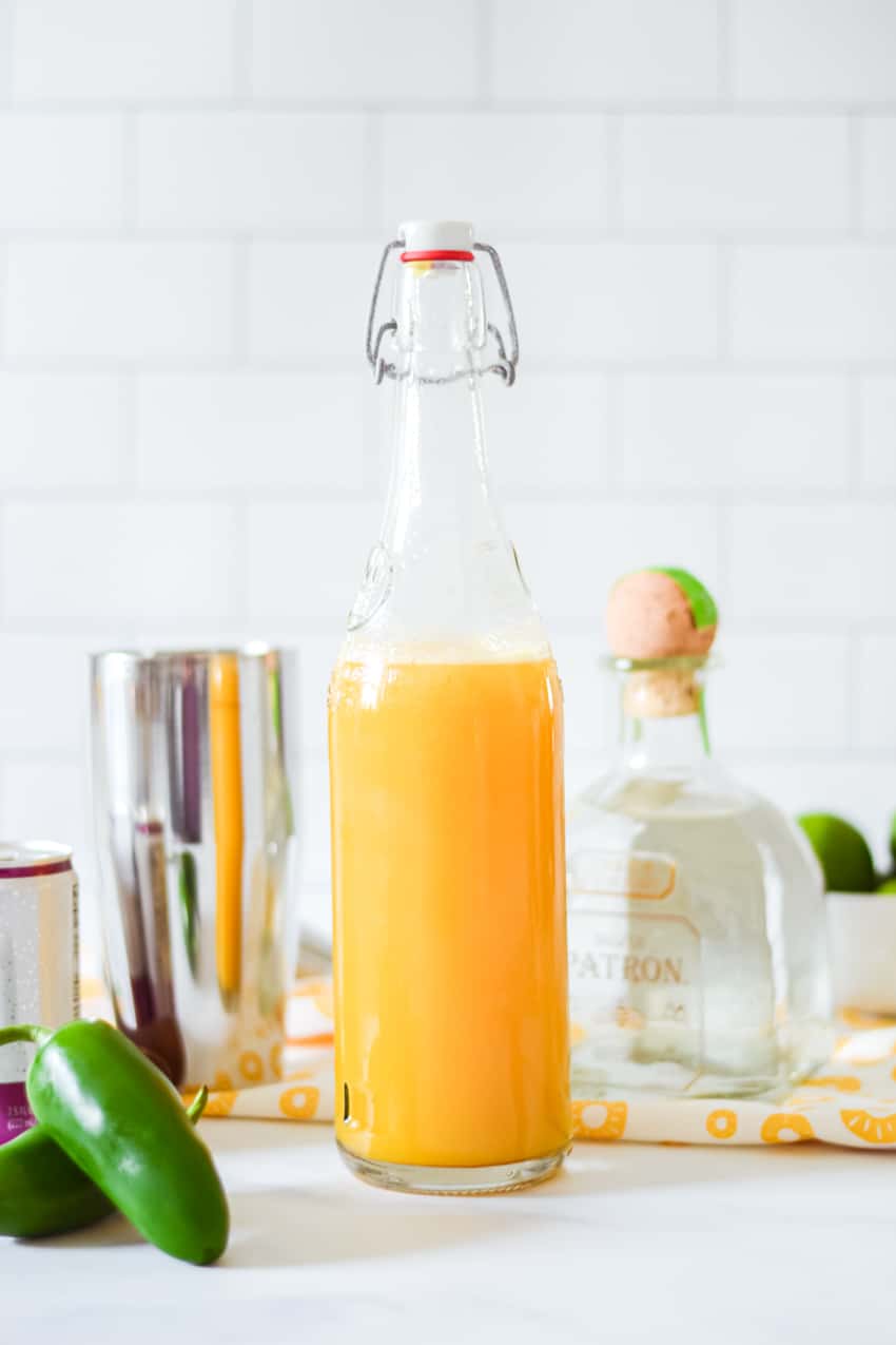 Ingredients for Mexican Mule: ginger beer, jalapeño, mango nectar, tequila, lime