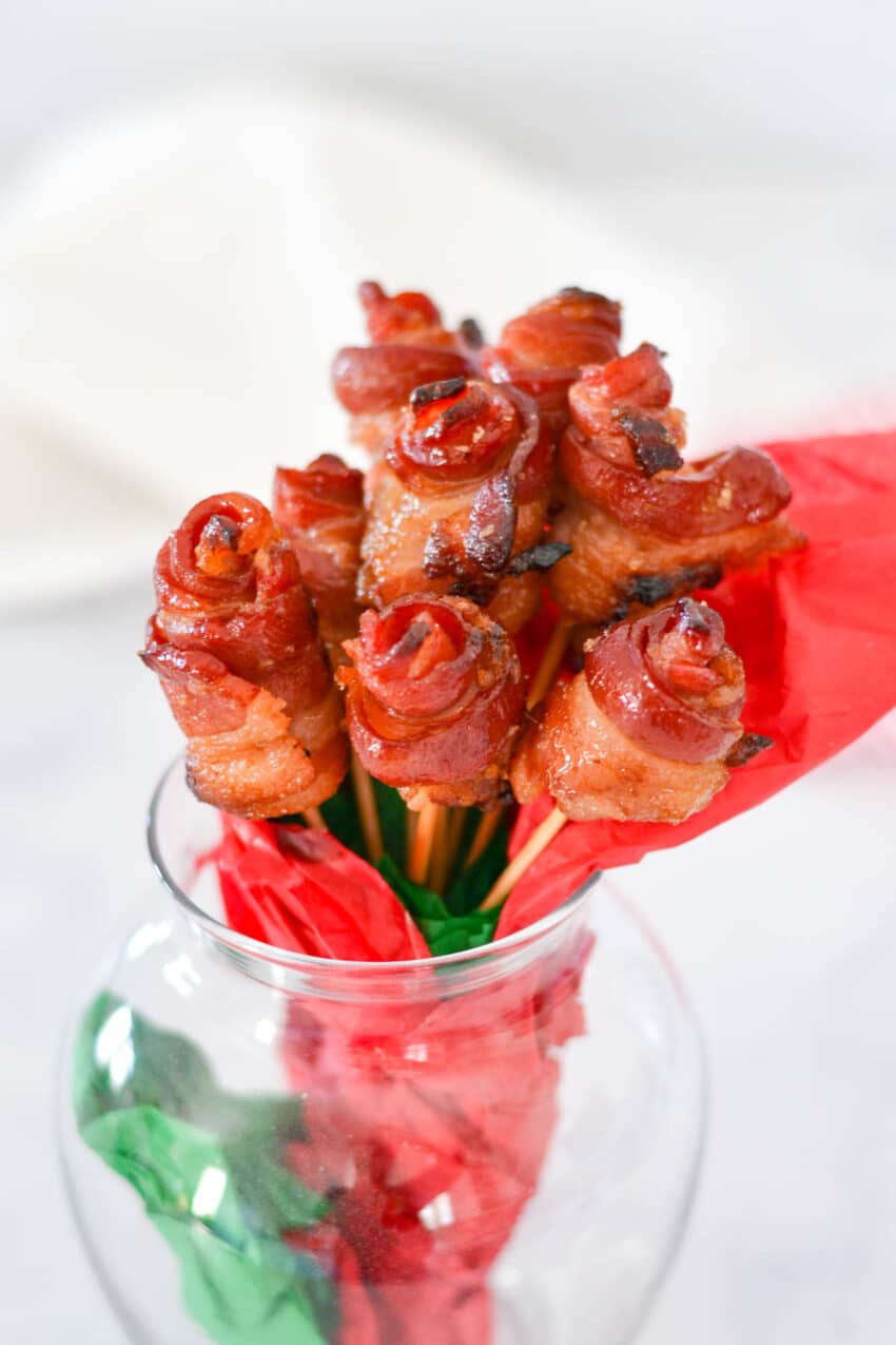 Bouquet of candied bacon twisted into rose shapes