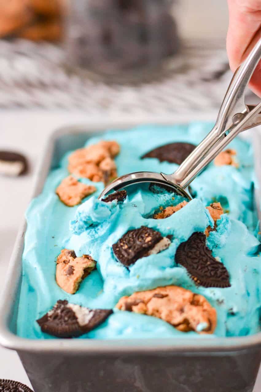 Scooping out blue Homemade Cookie Monster Ice Cream